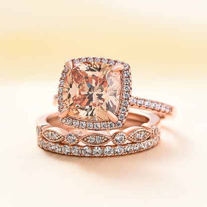 Halo Cushion Cut Champagne Stone 3PC Wedding Ring Set In Rose Gold-Maxinejewelry