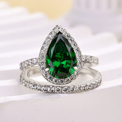 Simple 2.2 Carat Emerald Green Halo Pear Cut Wedding Set In Sterling Silver-Maxinejewelry