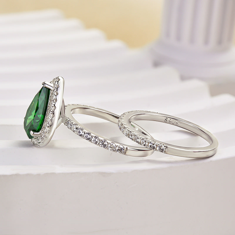 Simple 2.2 Carat Emerald Green Halo Pear Cut Wedding Set In Sterling Silver-Maxinejewelry