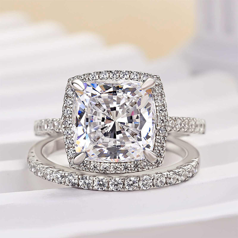 Classic Halo Cushion Cut Sona Simulated Diamond Wedding Ring Set for Her