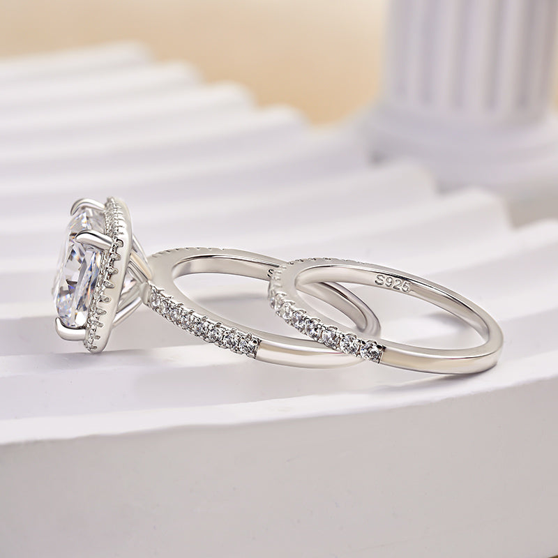 Classic Halo Cushion Cut Sona Simulated Diamond Wedding Ring Set for Her-Maxinejewelry