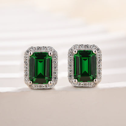 3.0 Carat Halo Emerald Women's Stud Earrings In Sterling Silver