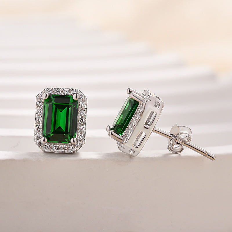 3.0 Carat Halo Emerald Women's Stud Earrings In Sterling Silver