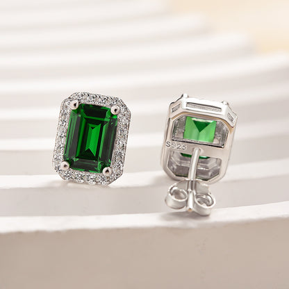 3.0 Carat Halo Emerald Women's Stud Earrings In Sterling Silver