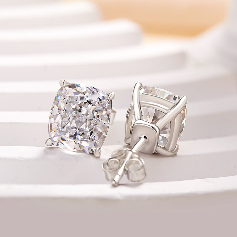 Classic Crushed Ice Cushion Cut Women's Stud Earrings In Sterling Silver