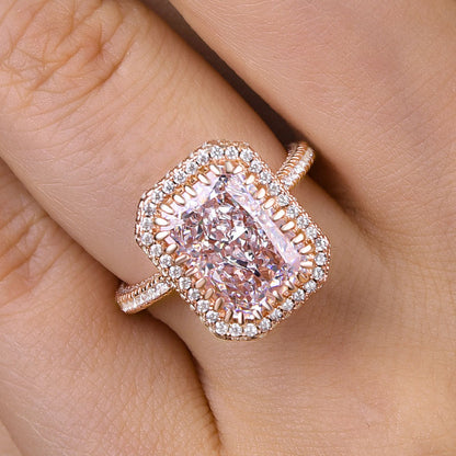 Elegant Rose Gold Halo Radiant Cut Engagement Ring In Sterling Silver