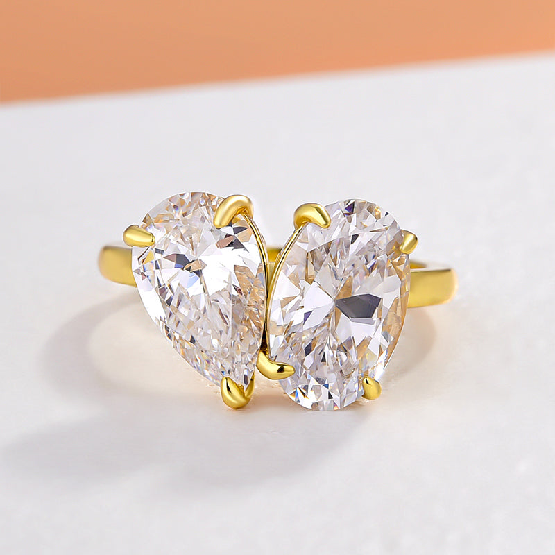 Yellow Gold Double Stones Design Pear &amp; Oval Cut Engagement Ring