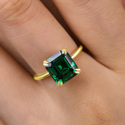 Excellent Yellow Gold Emerald Cut Engagement Ring In Sterling Silver