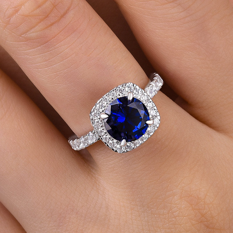 Stunning Halo Round Cut Blue Sapphire Engagement Ring In Sterling Silver