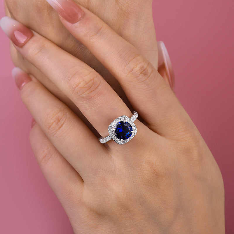 Stunning Halo Round Cut Blue Sapphire Engagement Ring In Sterling Silver