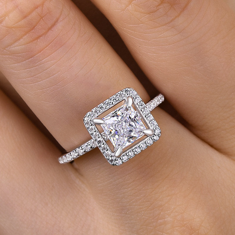 Unique Halo Princess Cut Engagement Ring In Sterling Silver