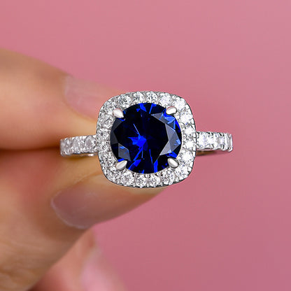 Stunning Halo Round Cut Blue Sapphire Engagement Ring In Sterling Silver