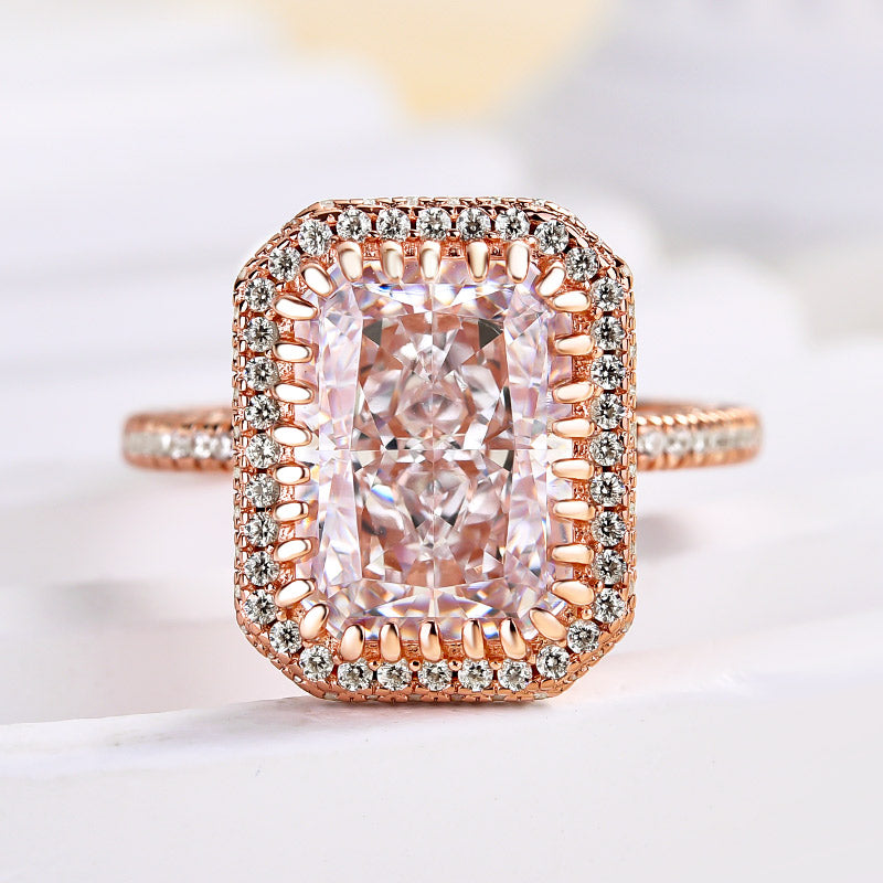 Elegant Rose Gold Halo Radiant Cut Engagement Ring In Sterling Silver