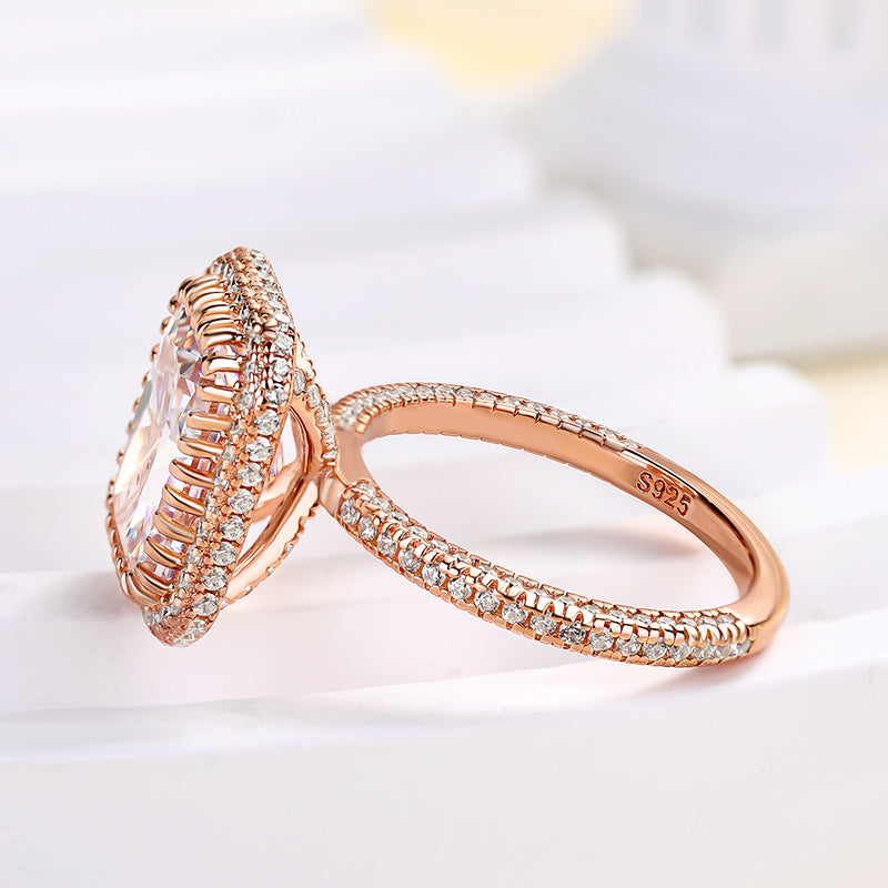 Elegant Rose Gold Halo Radiant Cut Engagement Ring In Sterling Silver