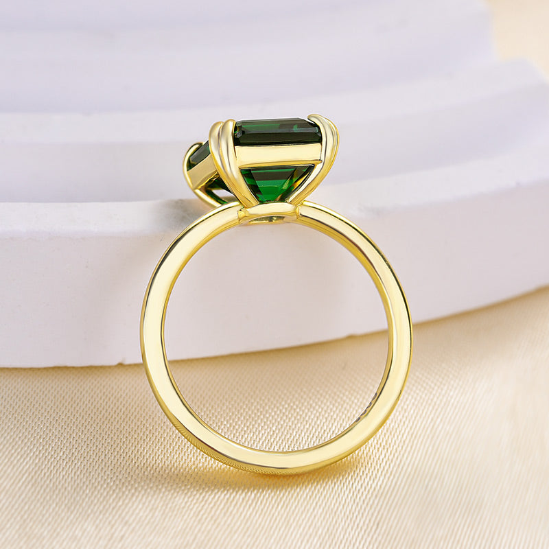 Excellent Yellow Gold Emerald Cut Engagement Ring In Sterling Silver