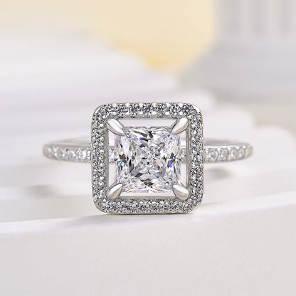 Unique Halo Princess Cut Engagement Ring In Sterling Silver