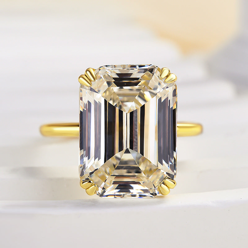 Luxurious Big Yellow Gold Emerald Cut Engagement Ring In Sterling Silver-Maxinejewelry