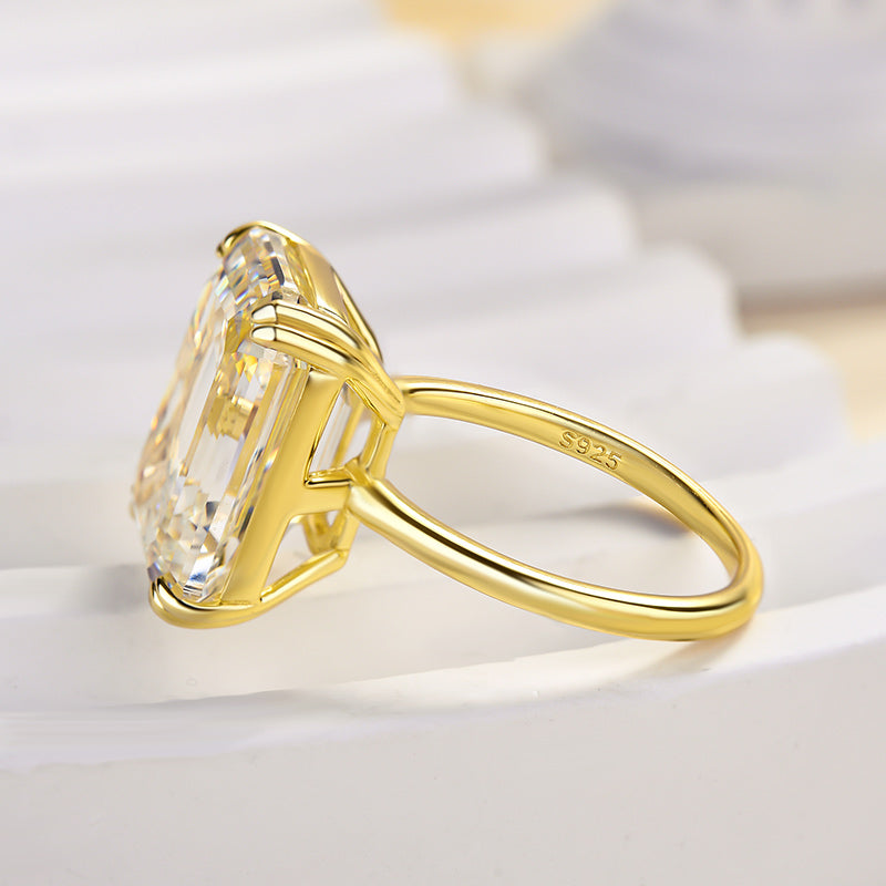 Luxurious Big Yellow Gold Emerald Cut Engagement Ring In Sterling Silver-Maxinejewelry