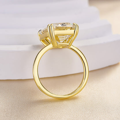 Luxurious Big Yellow Gold Emerald Cut Engagement Ring In Sterling Silver-Maxinejewelry