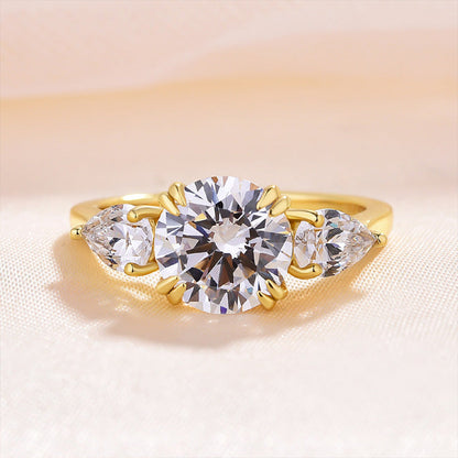 Exclusive Yellow Gold Round Cut Three Stone Engagement Ring In Sterling Silver