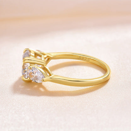 Exclusive Yellow Gold Round Cut Three Stone Engagement Ring In Sterling Silver