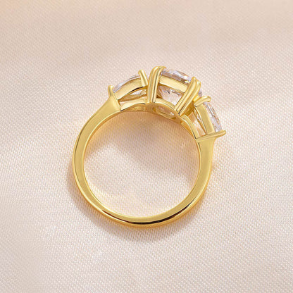 Exclusive Yellow Gold Round Cut Three Stone Engagement Ring In Sterling Silver