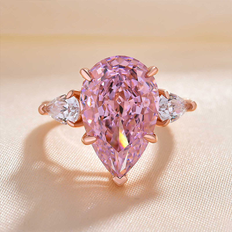 Elegant Rose Gold Pear Cut Pink Sapphire Three Stone Engagement Ring In Sterling Silver-Maxinejewelry