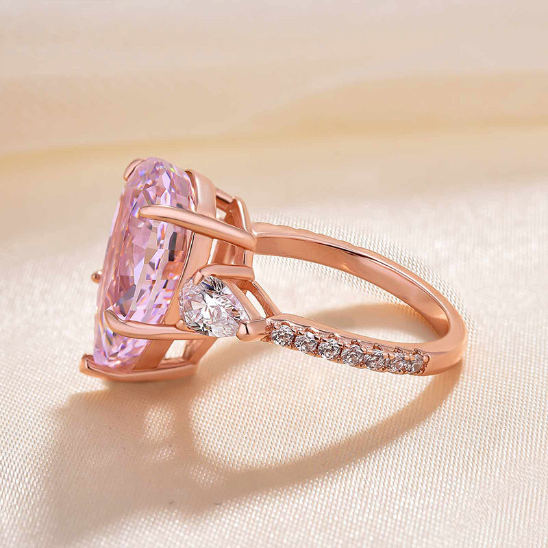 Elegant Rose Gold Pear Cut Pink Sapphire Three Stone Engagement Ring In Sterling Silver-Maxinejewelry