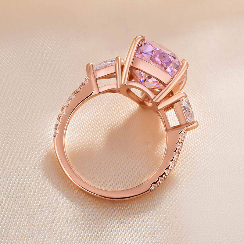 Elegant Rose Gold Pear Cut Pink Sapphire Three Stone Engagement Ring In Sterling Silver-Maxinejewelry