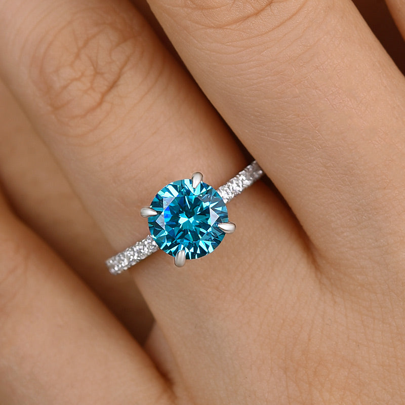 Elegant Round Cut Light Aquamarine Blue Engagement Ring In Sterling Silver