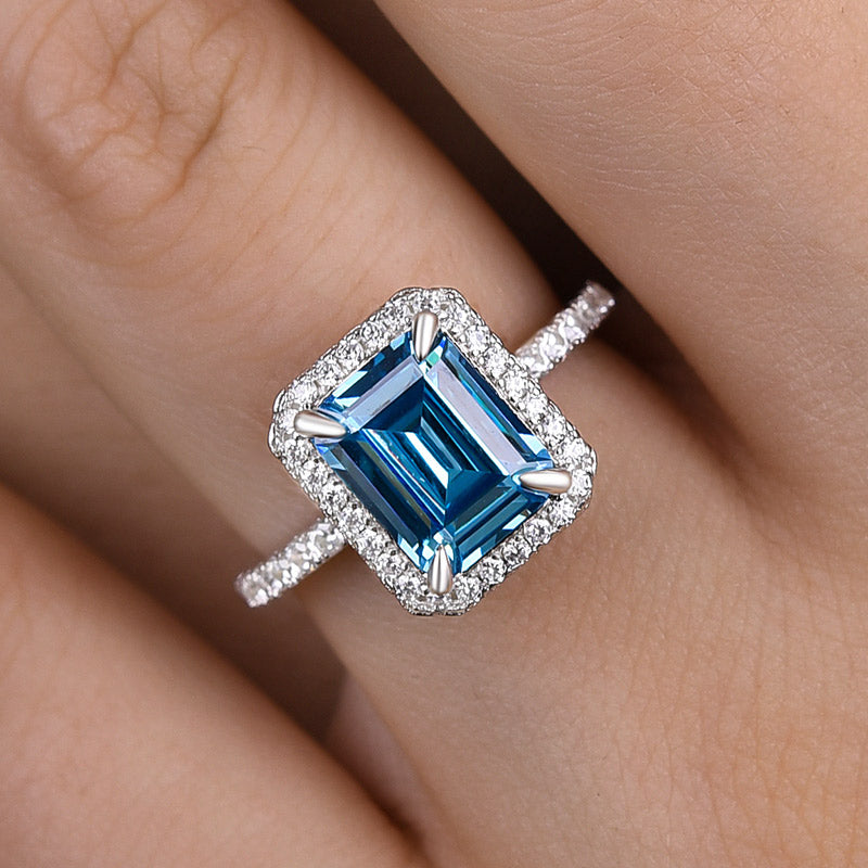 Halo Emerald Cut Light Aquamarine Blue Engagement Ring In Sterling Silver