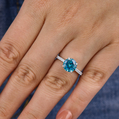 Elegant Round Cut Light Aquamarine Blue Engagement Ring In Sterling Silver