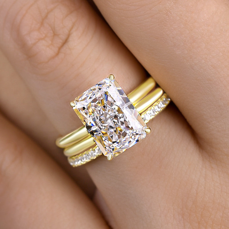 Classic Yellow Gold Radiant Cut 3PC Wedding Ring Set In Sterling Silver