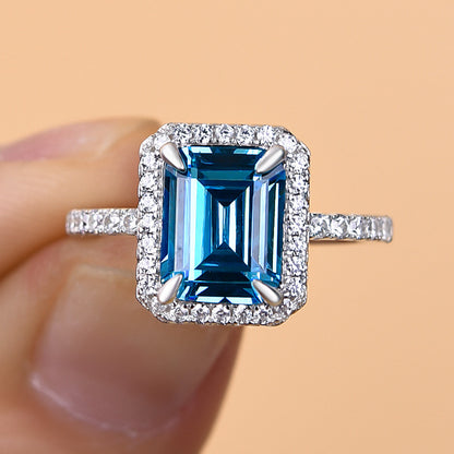 Halo Emerald Cut Light Aquamarine Blue Engagement Ring In Sterling Silver