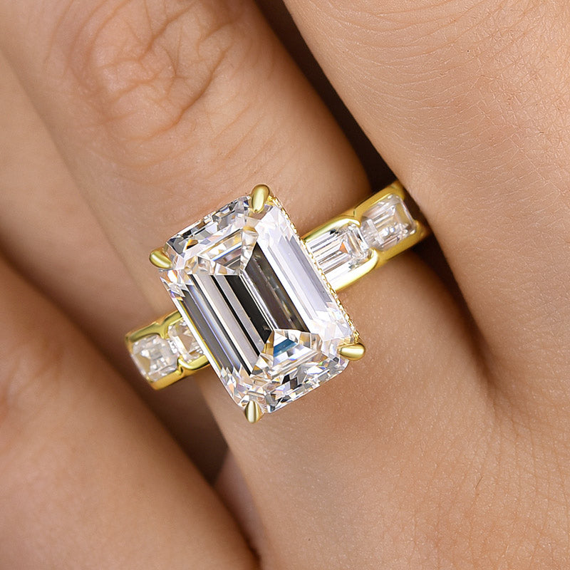 Gorgeous Yellow Gold Emerald Cut Engagement Ring In Sterling Silver