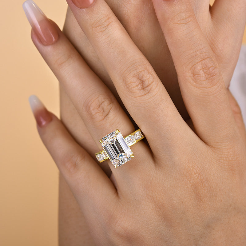 Gorgeous Yellow Gold Emerald Cut Engagement Ring In Sterling Silver