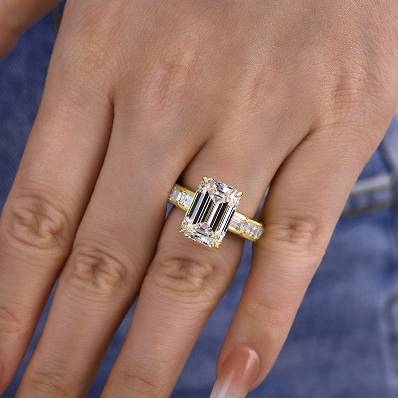 Gorgeous Yellow Gold Emerald Cut Engagement Ring In Sterling Silver