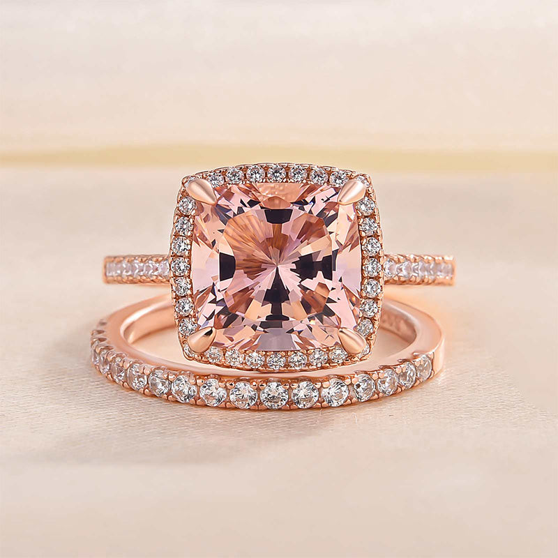 Morganite Women's Bridal Set 5.0 Carat Cushion Cut Wedding Ring Set In Sterling Silver-Maxinejewelry