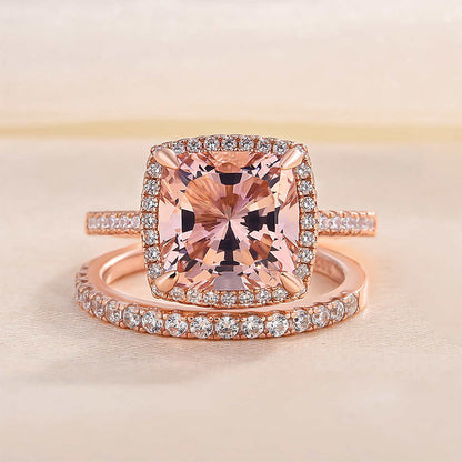 Morganite Women's Bridal Set 5.0 Carat Cushion Cut Wedding Ring Set In Sterling Silver-Maxinejewelry