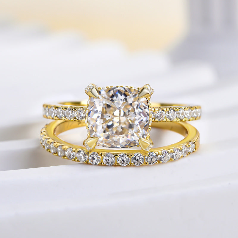 Classic Yellow Gold 1.5 Carat Cushion Cut Wedding Rings Set In Sterling Silver