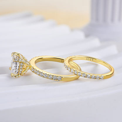 Classic Yellow Gold 1.5 Carat Cushion Cut Wedding Rings Set In Sterling Silver