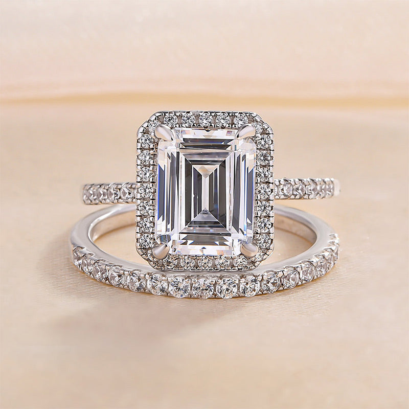 Halo Emerald Cut Sona Simulated Diamonds Wedding Ring Set for Women-Maxinejewelry