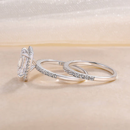 Halo Emerald Cut Sona Simulated Diamonds Wedding Ring Set for Women-Maxinejewelry