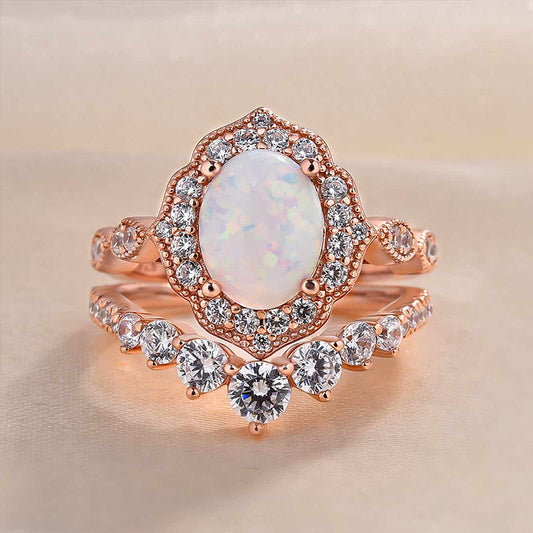 Elegant Rose Gold Oval Cut Opal Wedding Set In Sterling Silver-Maxinejewelry