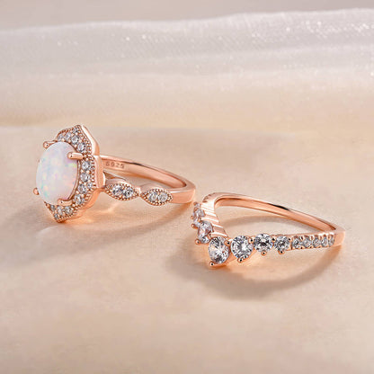 Elegant Rose Gold Oval Cut Opal Wedding Set In Sterling Silver-Maxinejewelry