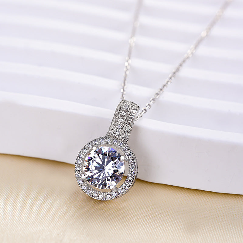 Classic Halo Round Cut Pendant Necklace In Sterling Silver