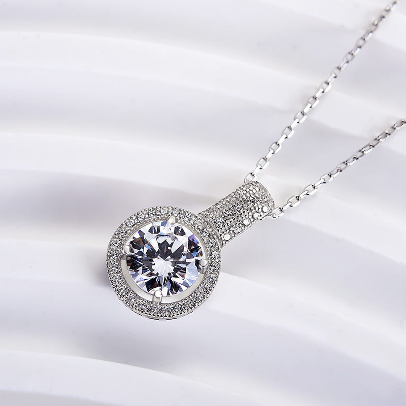 Classic Halo Round Cut Pendant Necklace In Sterling Silver