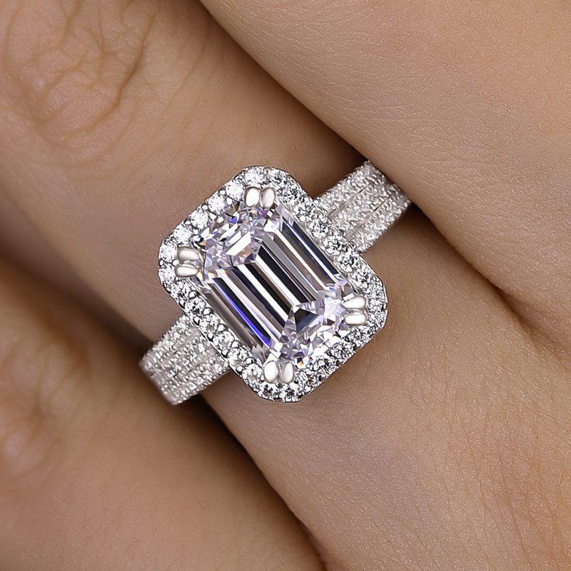 Excellent Halo Three Shank Emerald Cut Engagement Ring In Sterling Silver