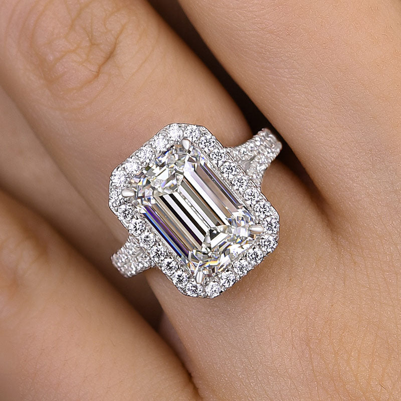 Luxury Halo Split Shank Emerald Cut Engagement Ring In Sterling Silver