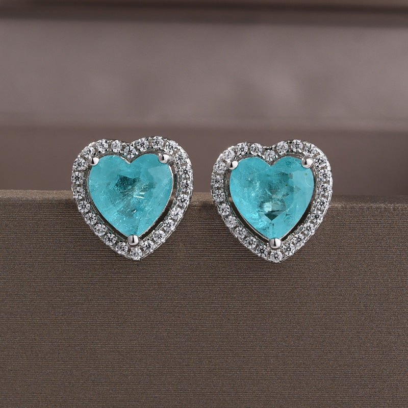 Halo Heart Shaped Aquamarine Blue Sterling Silver Women's Stud Earrings